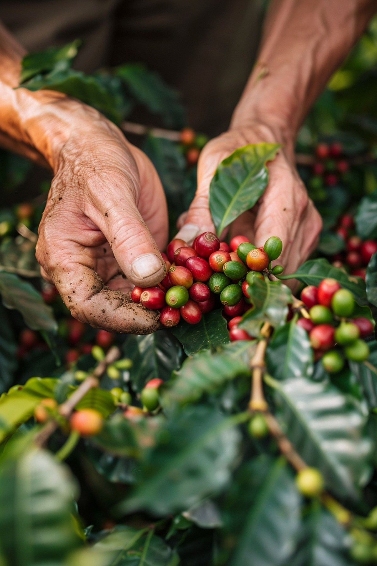Hands picking coffee berries from a coffee plant