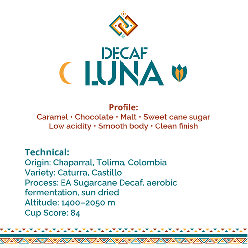 A digital graphic card for Decaf Luna coffee, featuring the brand logo at the top, flavor profile details in red text, and technical specifications in blue text on a white background with a decorative geometric border at the bottom.