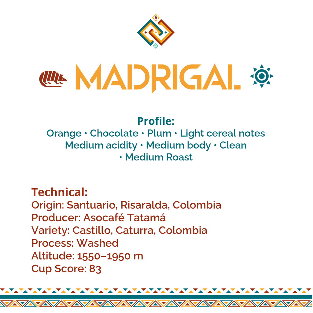 A white information card for the product Madrigal, featuring the brand name in orange. Text below describes the coffee profile - Orange, Chocolate, Plum, Light cereal notes, medium acidity, medium body, clean, medium roast. And technical details, including origin Santuario, Risaralda, Colombia; producer Asocafé Tataré; variety Castillo, Caturra, Colombia; washed process; altitude 1550-1950 m; cup score 83.