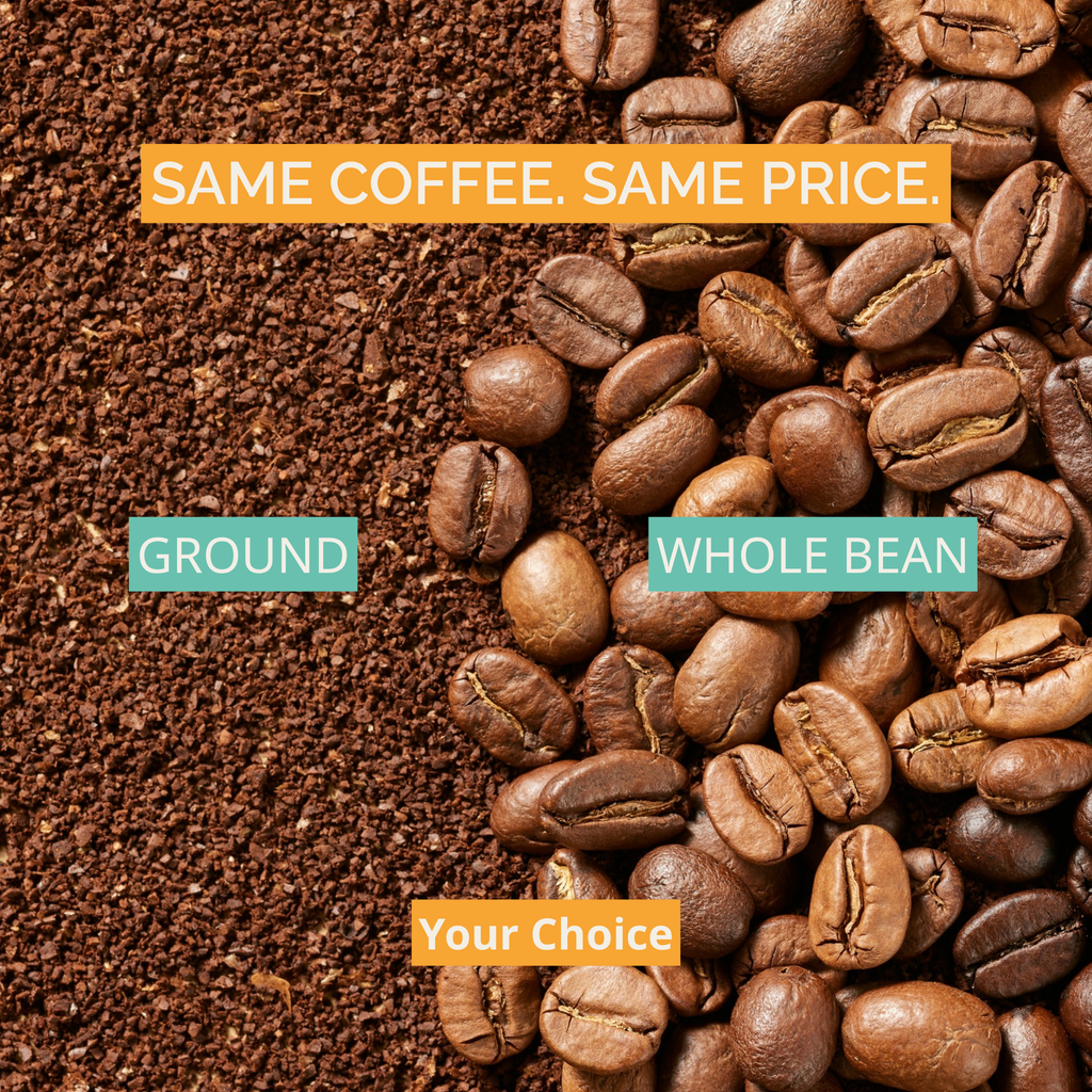 A split comparison graphic showing coffee options: coarse ground coffee labeled 'GROUND' on the left and roasted whole coffee beans labeled 'WHOLE BEAN' on the right, with the text 'SAME COFFEE. SAME PRICE.